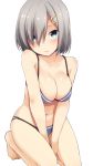  bare_legs barefoot between_legs bikini blue_bikini blush breasts cleavage closed_mouth collarbone hair_ornament hair_over_one_eye hairclip hamakaze_(kantai_collection) hand_between_legs head_tilt kantai_collection kneeling large_breasts looking_at_viewer nagami_yuu navel short_hair silver_hair simple_background solo swimsuit white_background 