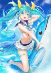  :d aqua_eyes aqua_hair bikini_skirt cloud commentary_request hair_between_eyes hair_ribbon hatsune_miku inflatable_dolphin inflatable_toy long_hair looking_at_viewer navel open_mouth outdoors ribbon sailor_collar sky smile solo thigh_strap tokki twintails very_long_hair vocaloid water 