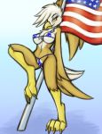  2018 anthro avian bald_eagle beak bikini bird breasts brown_feathers clothing eagle evilymasterful feathers female flag looking_at_viewer non-mammal_breasts solo stars_and_stripes swimsuit talons united_states_of_america white_feathers yellow_beak 