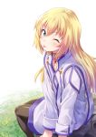  black_legwear blonde_hair collet_brunel day from_side green_eyes hair_between_eyes highres jewelry long_hair looking_at_viewer necklace one_eye_closed outdoors shiny shiny_clothes sitting solo tales_of_(series) tales_of_symphonia tenkuu_nozora tongue tongue_out white_background 
