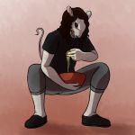  2018 angry anthro bowl bowl_of_eggs clothed clothing crouching digital_media_(artwork) egg food fur hair hi_res krysical krysical_(character) male mammal open_mouth rat rodent simple_background solo teeth white_fur 