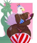  2018 4th_of_july absurd_res alcohol anthro avian bald_eagle beak belly beverage big_breasts big_butt big_thighs bikini bird blush border breasts brown_feathers butt clothing duo eagle feathers female flag_bikini hat hi_res holidays huge_breasts huge_hips humanoid legwear non-mammal_breasts open_beak open_mouth panties sculpture simple_background slightly_chubby sssonic2 stars_and_stripes statue statue_of_liberty striped_legwear striped_panties stripes swimsuit thick_thighs thigh_highs top_hat underwear united_states_of_america voluptuous white_border white_feathers wide_hips wine yellow_beak 