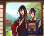  black_hair blue_eyes blue_hair byakuya0315 izumi-no-kami_kanesada japanese_clothes long_hair male_focus mikazuki_munechika multiple_boys open_mouth touken_ranbu wide_sleeves 