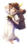  :d backpack bag blush boots brown_hair brown_hat brown_ribbon collarbone dress green_eyes grey_footwear hair_between_eyes hand_on_headwear hat hat_feather highres long_dress looking_at_viewer octopath_traveler one_eye_closed open_mouth ribbon shiny shiny_hair short_hair short_sleeves simple_background smile solo standing standing_on_one_leg sundress tenkuu_nozora tressa_(octopath_traveler) white_background white_dress yellow_feathers 