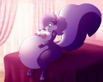  2018 3_toes absurd_res anthro areola bed belly big_belly big_breasts breasts female fifi_la_fume hair hair_bow hair_ribbon hi_res hyper hyper_pregnancy inside mammal navel nipples on_bed open_mouth pink_nose pregnant purple_hair ribbons sitting skunk solo stunnerpony tiny_toon_adventures toes warner_brothers 