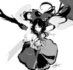  arm_cannon artist_name bangs cape dated long_hair looking_at_viewer monochrome outstretched_arm reiuji_utsuho shaded_face shihou_(g-o-s) shiny shiny_hair short_sleeves sidelocks signature simple_background sketch skirt solo space swept_bangs third_eye touhou very_long_hair weapon white_background wind wings 