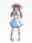  arms_behind_back blush brown_hair cato_(monocatienus) commentary_request dress eyebrows_visible_through_hair floral_background full_body long_hair looking_at_viewer low_twintails original purple_eyes sandals short_sleeves simple_background smile solo twintails white_dress 