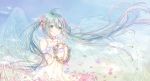  2018 ahoge bangs blue_eyes blue_hair blue_sky bug buji butterfly cloud collarbone dated day dress eyebrows_visible_through_hair feathered_wings floating_hair flower hair_between_eyes hair_flower hair_ornament hatsune_miku highres holding insect long_hair looking_at_viewer outdoors petals pink_flower pink_rose rose sky sleeveless sleeveless_dress smile solo standing sundress transparent_wings twintails upper_body very_long_hair vocaloid white_dress wings 