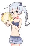  :&lt; alternate_hairstyle ball beachball bikini bikini_skirt bird_hair_ornament blue_bikini blue_eyes blush commentary_request cowboy_shot eyebrows_visible_through_hair grey_hair hair_ornament hibiki_(kantai_collection) highres kantai_collection long_hair navel side_ponytail simple_background solo swimsuit transparent white_background yoru_nai 