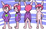  2018 anthro butt clothed clothing cub cuntboy digital_media_(artwork) hair intersex lagomorph mammal model_sheet nude pokefound pussy rabbit simple_background smile solo young 