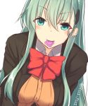  bad_id bad_pixiv_id bangs black_jacket blazer bow bowtie brown_cardigan condom condom_in_mouth eyebrows_visible_through_hair green_eyes green_hair hair_between_eyes hair_ornament hairclip hcci_pcci jacket kantai_collection leaning_forward long_hair looking_at_viewer mouth_hold open_blazer open_clothes open_jacket red_bow school_uniform shirt sidelocks solo suzuya_(kantai_collection) upper_body very_long_hair white_background white_shirt 