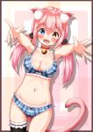  :d animal_ears ass_visible_through_thighs bangs bare_arms bare_shoulders bell bell_choker black_legwear blue_bra blue_eyes blue_panties blush border bow bow_bra bow_panties bra breasts brown_border brown_eyes cat_ears cat_girl cat_hair_ornament cat_tail choker cleavage collarbone commentary_request dutch_angle eyebrows_visible_through_hair fang frilled_legwear hair_between_eyes hair_ornament hair_ribbon heterochromia jingle_bell long_hair low_twintails medium_breasts mochiyuki navel open_mouth original outstretched_arms panties pink_hair plaid plaid_bra plaid_panties red_choker red_ribbon ribbon single_thighhigh smile solo tail thighhighs twintails underwear 