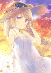  blush braid brown_hair dress hand_in_hair hand_on_headwear hat long_hair original petals purple_eyes solo straw_hat sundress twin_braids yamadori_yoshitomo 