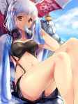  ass ayanami_(azur_lane) azur_lane bangs beach_umbrella black_shorts black_tubetop blonde_hair blue_sky blush breasts brown_eyes cleavage cloud collarbone commentary_request day eyebrows_visible_through_hair food food_in_mouth hair_between_eyes half-closed_eyes headgear headphones headphones_around_neck high_ponytail knee_up long_hair looking_at_viewer medium_breasts midriff mouth_hold murano_(ursa_polaris) navel open_mouth outdoors panties ponytail popsicle short_shorts shorts sidelocks silver_hair sitting sky smile solo stomach strapless sword thighs towel tubetop umbrella underwear very_long_hair weapon wet white_panties wiping_face zipper 