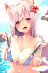  animal_ear_fluff animal_ears bangs bikini blue_bikini blush breasts chita_(ketchup) collarbone commentary day flower fox_ears fox_girl fox_tail front-tie_bikini front-tie_top grey_hair hair_flower hair_ornament hands_up highres large_breasts lifted_by_self looking_at_viewer mole mole_on_breast navel o-ring o-ring_top open_mouth original outdoors red_eyes red_flower signature skindentation solo strap_lift swimsuit tail thick_eyebrows upper_body water x_hair_ornament 