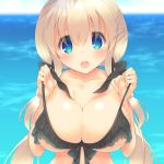  blonde_hair blue_eyes breasts cleavage hair_between_eyes hair_ribbon long_hair low_twintails mutsuno_hekisa open_mouth original ribbon swimsuit twintails 