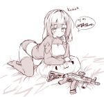  ak-74 arm_support assault_rifle bangs bed_sheet blush check_translation closed_mouth copyright_request eyebrows_visible_through_hair greyscale gun highres long_hair long_sleeves monochrome no_shoes pillow rifle russian scope shirt short_shorts shorts smile solo tandohark thighhighs translation_request weapon weapon_request 