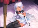  bed blush h_kasei loli long_hair original pointed_ears thighhighs white_hair yellow_eyes 