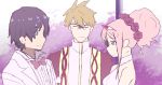  2boys bad_id bad_pixiv_id bangs black_hair blonde_hair blue_eyes blue_horns bow bowtie cassock cherry_blossoms closed_eyes collarbone collared_shirt commentary_request couple darling_in_the_franxx dress english_commentary eyebrows_visible_through_hair formal glasses gorou_(darling_in_the_franxx) green_eyes hair_ornament hairband hetero high_ponytail hiro_(darling_in_the_franxx) horns long_hair looking_at_another multiple_boys oni_horns parody pink_hair ponytail priest red_horns red_neckwear shirt sleeveless sleeveless_dress suit tengen_toppa_gurren_lagann user_mact2244 wedding white_dress white_hairband white_suit wing_collar zero_two_(darling_in_the_franxx) 