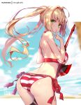  ahoge ass bikini blonde_hair blurry breasts cowboy_shot day depth_of_field eyebrows_visible_through_hair fate/grand_order fate_(series) finger_to_mouth from_behind hair_intakes halterneck hong_(white_spider) large_breasts leaning_forward long_hair looking_at_viewer looking_back nero_claudius_(fate)_(all) nero_claudius_(swimsuit_caster)_(fate) outdoors outside_border side-tie_bikini sideboob striped striped_bikini swimsuit twintails underboob wet 