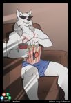  anthro azaleesh canine clothed clothing coltron eyewear food hi_res male mammal muscular muscular_male patreon popcorn scar solo sunglasses topless wolf 