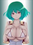  bikini_top blush breasts breasts_outside cleavage earrings green_hair gustav_(telomere_na) hands_on_own_chest huge_breasts jewelry kazami_yuuka looking_at_viewer open_clothes open_shirt plaid plaid_vest red_eyes seductive_smile shiny shiny_skin shirt short_hair skindentation smile solo touhou vest 