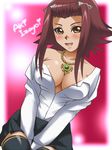  aki_izayoi akiza awa breasts cleavage female gradient gradient_background izayoi_aki jewelry necklace sitting smile solo thighhighs yu-gi-oh! yu-gi-oh!_5d&#039;s yuu-gi-ou_5d's 