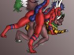  anal anal_penetration anthro anthro_on_anthro antlers balls blue_eyes blue_fur blue_scales brown_fur canine clothed clothing collar dragon dumas fox fur horn male male/male mammal partially_clothed penetration precum rawrdragons red_scales scales skirt 