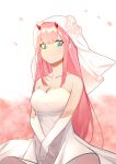  absurdres bare_shoulders breasts bridal_veil bride cleavage closed_mouth collarbone commentary darling_in_the_franxx dress elbow_gloves english_commentary eyebrows_visible_through_hair flower gloves green_eyes highres horns long_hair looking_at_viewer medium_breasts pink_hair qingli_green red_horns rose smile solo veil wedding_dress white_flower white_gloves white_rose zero_two_(darling_in_the_franxx) 