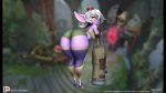  1girl ass breasts crop_top fingerless_gloves gun league_of_legends looking_at_viewer orange_eyes pointy_ears purple_skin rocket_launcher shorts smile thick_thighs thighs toeless_legwear toes tristana weapon white_hair yordle zy0n7 