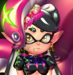  1girl alternate_costume aori_(splatoon) black_hair breasts closed_mouth crop_top earrings food food_on_head jewelry looking_at_viewer object_on_head placeholdname pointy_ears puffy_short_sleeves puffy_sleeves small_breasts solo splatoon splatoon_2 suggestive_fluid sunglasses sushi tentacle tentacle_hair upper_body 