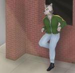  anthro big_breasts black_nose boots breasts brick brick_wall canine cheek_tuft claws clothed clothing cybersniper digital_media_(artwork) eyelashes female footwear fully_clothed fur green_eyes grey_fur hoodie inner_ear_fluff jacket jeans leaning_on_wall mammal markings outside pants solo tuft wolf 
