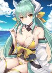  bangs bare_shoulders beach bikini blue_sky blush bow breasts cleavage closed_mouth collarbone commentary day detached_collar dragon_girl dragon_horns fate/grand_order fate_(series) green_hair horns japanese_clothes kimono kiyohime_(fate/grand_order) kiyohime_(swimsuit_lancer)_(fate) large_breasts long_hair looking_at_viewer navel obi ocean sash sidelocks sky smile solo strap_pull swimsuit thighs twintails white_kimono white_legwear yellow_bikini yellow_bow yellow_eyes yuzu-aki 