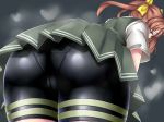  ass ass_focus bent_over bike_shorts blue_background bow brown_eyes brown_hair hair_bow heart highres kagerou_(kantai_collection) kantai_collection long_hair looking_at_viewer looking_back panties_under_bike_shorts school_uniform simple_background skirt solo steaming_body terakoya thighs tight twintails yellow_bow 