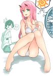  !? 1boy 1girl ass bangs blush bra collarbone commentary_request cross_rock darling_in_the_franxx eyebrows_visible_through_hair green_eyes hand_on_own_shoulder hetero highres hiro_(darling_in_the_franxx) horns korean_commentary legs_up long_hair looking_at_viewer no_pants no_shirt oni_horns panties pantyshot pantyshot_(sitting) partial_commentary pink_hair red_horns shirt short_hair shorts sitting speech_bubble sun sweat underwear white_bra white_panties zero_two_(darling_in_the_franxx) 