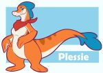  2018 3_toes 4_fingers anthro bandanna barefoot blue_spikes breasts chitafokkusu digital_artwork_(media) female green_eyes looking_at_viewer mario_bros mostly_nude nintendo orange_scales plesiosaurus plessie scales simple_background smile solo stripes super_mario_3d_world toes video_games white_belly 
