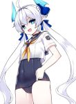  badge black_choker blue_sailor_collar blue_swimsuit choker cowboy_shot elsword fang highres horns kuro_(kuronell) long_hair looking_at_viewer luciela_r._sourcream neckerchief noblesse_(elsword) old_school_swimsuit one-piece_swimsuit open_mouth pointy_ears sailor_collar sailor_shirt school_swimsuit shirt short_eyebrows smile solo standing swimsuit swimsuit_under_clothes twintails white_background white_hair yellow_neckwear 