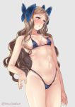  asakaze_(kantai_collection) bikini blue_bikini blue_bow blue_eyes blue_swimsuit blush bow breasts commentary_request grey_background hair_bow highleg highleg_bikini highleg_swimsuit juurouta kantai_collection light_brown_hair long_hair micro_bikini open_mouth simple_background small_breasts solo swimsuit twitter_username wavy_hair 