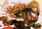  angry belt blonde_hair breasts brown_jacket buckle cleavage commentary drill_(emilio) ember_celica_(rwby) fingerless_gloves fire flame gloves jacket large_breasts long_hair neck_ribbon prosthesis prosthetic_arm red_eyes ribbon rwby waist_cape yang_xiao_long 
