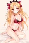  bangs bare_arms bare_shoulders bed_sheet blonde_hair blush bow bow_bra bra breasts cleavage closed_mouth collarbone commentary earrings ereshkigal_(fate/grand_order) fate/grand_order fate_(series) hair_bow head_tilt infinity jewelry long_hair looking_at_viewer medium_breasts navel necklace necktie nikoo panties parted_bangs red_bow red_bra red_eyes red_panties sitting skull solo tiara two_side_up underwear underwear_only very_long_hair yokozuwari 