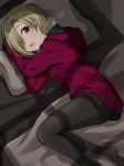  bed bed_sheet blonde_hair brown_eyes commentary ear_piercing earrings hair_over_one_eye highres hood hood_down hoodie idolmaster idolmaster_cinderella_girls jewelry looking_at_viewer lying no_shoes nomu_ra_nomu on_side open_mouth pantyhose piercing pillow shade shadow shirasaka_koume short_hair sleeves_past_fingers sleeves_past_wrists smile solo window_shade 