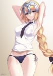  armpits arms_behind_head arms_up blonde_hair blue_eyes blue_neckwear blue_panties blush braid breasts casual collared_shirt contemporary cowboy_shot fate/apocrypha fate/grand_order fate_(series) headpiece jeanne_d'arc_(fate) jeanne_d'arc_(fate)_(all) kesoshirou large_breasts long_braid long_hair looking_at_viewer no_bra panties shirt side-tie_panties single_braid sleeveless sleeveless_shirt solo thighs underwear very_long_hair white_shirt 