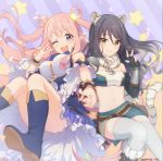  animal_ears artist_request black_hair boots cygames gold_trim highres holding_hands kashiwazaki_hatsune kashiwazaki_shiori long_hair multiple_girls official_art open_mouth pink_hair pointy_ears princess_connect! princess_connect!_re:dive purple_eyes smile star tail thighhighs v watermark yellow_eyes 