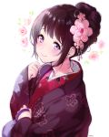  alternate_hairstyle black_hair blush chitanda_eru closed_mouth fingernails floral_print flower hair_flower hair_ornament hair_up hyouka japanese_clothes kimono long_sleeves looking_at_viewer mery_(apfl0515) nail_polish official_style pink_flower pink_nails print_kimono purple_eyes red_kimono sleeves_past_wrists smile solo white_background wide_sleeves 