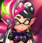  +_+ 1girl alternate_costume aori_(splatoon) black_hair breasts closed_mouth crop_top domino_mask earrings food food_on_head jewelry looking_at_viewer mask object_on_head placeholdname pointy_ears puffy_short_sleeves puffy_sleeves small_breasts solo splatoon splatoon_2 sushi symbol-shaped_pupils tentacle tentacle_hair upper_body yellow_eyes 