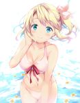  banned_artist bare_arms bare_shoulders bikini blonde_hair blue_eyes breasts cleavage collarbone commentary_request flower hair_ribbon hand_up head_tilt long_hair navel orange_flower original pink_bikini ribbon solo suihi swimsuit water water_surface white_background white_ribbon 