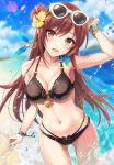  :d arm_up armpits ass_visible_through_thighs bangs beach bikini black_bikini blue_nails blue_sky blush bracelet breasts brown_hair cleavage cloud collarbone commentary_request day earrings eyebrows_visible_through_hair eyewear_on_head fingernails flower hair_between_eyes hair_flower hair_ornament highres idolmaster idolmaster_shiny_colors jewelry long_fingernails long_hair looking_at_viewer medium_breasts nail_polish navel ocean oosaki_amana open_mouth outdoors sand sky smile solo standing sunglasses swimsuit urabi_(tomatohouse) water yellow_eyes 