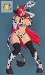  2017 animal_humanoid bovine clothed clothing cow_humanoid cowbell dialogue female grey_background hair horn humanoid implied_transformation legwear long_hair mammal navel open_mouth red_hair simple_background solo stockings wrenzephyr2 