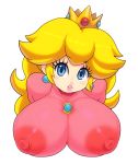  1girl areolae blonde_hair blue_eyes breasts crown earrings erect_nipples eyelashes large_areolae large_breasts lips looking_at_viewer mario_(series) mato_spectoru parted_lips pink_lips princess_peach solo super_mario_bros. upper_body 