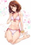  arm_at_side barefoot bikini bikini_day breasts brown_hair cleavage commentary front-tie_bikini front-tie_top hair_twirling hibike!_euphonium highres nagayori navel oumae_kumiko pink_bikini playing_with_own_hair polka_dot polka_dot_scrunchie scrunchie side-tie_bikini simple_background sitting small_breasts solo star striped striped_bikini swimsuit wariza wrist_scrunchie yellow_eyes 